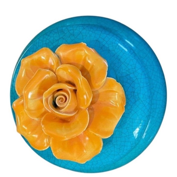Hand Painted Art Pottery Lidded Trinket Dish With Sculpted Yellow Flowers - Picture 4 of 7